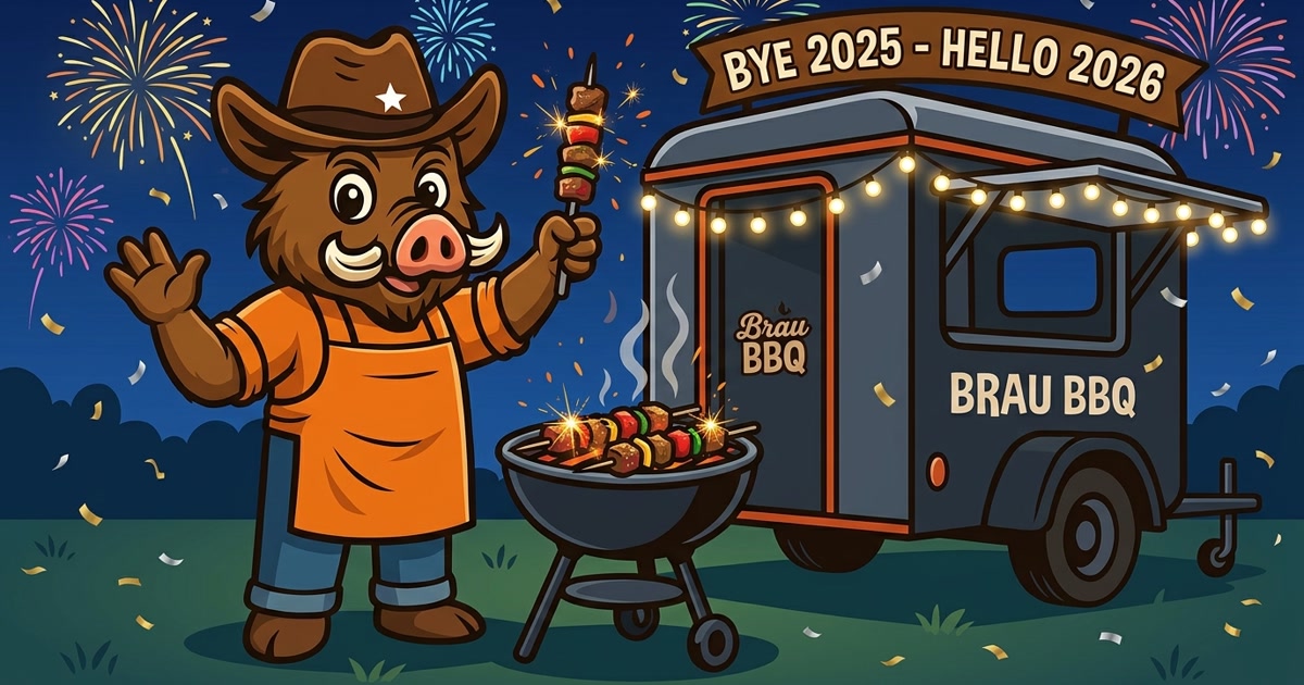 Mascotte Brau BBQ che festeggia la fine dell'anno con il food truck e fuochi d'artificio per il post Bye 2025